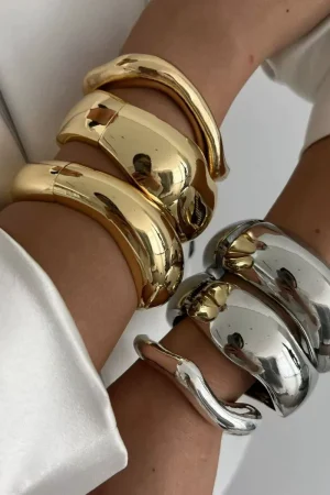 90s Fashion Vintage Wide Cuff Bangles in Hip Hop Punk Gold and Silver