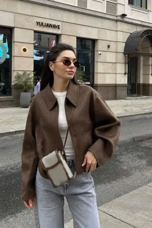 Collar Long Sleeved Loose Jacket for Women - Work Outfits Women