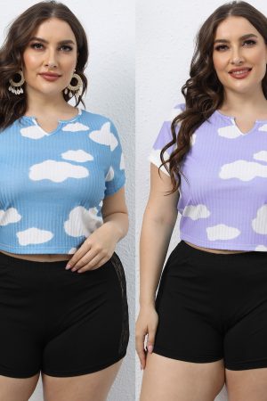 Plus-size Women's White Cloud Print Short Ribbed Top Casual Short Sleeve Crop T-shirt