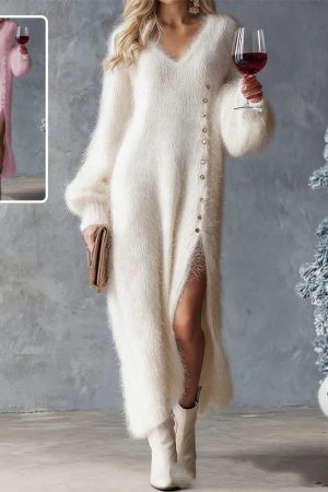 Chic Split Knitted Dress With Buttons Design Winter V-Neck Fleece Maxi Dresses Evening Party Club Fashion Women's Clothing
