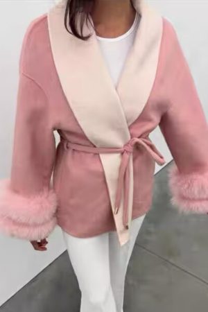 Casual Waist Belt Spliced Woolen Coat