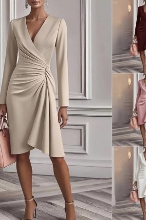 V Neck Folds Solid Color Slim-fit Long Sleeve V-pleated Design Dress Women's Office Commuter A-line Midi Party Dresses Female Clothing