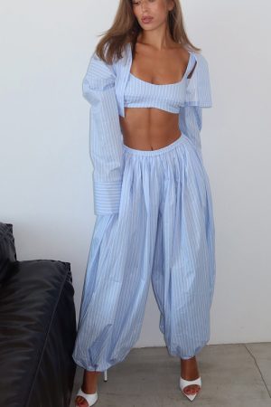 Striped Cropped Shirt Set Loose-Fit Casual Jogger Pants And Vest Three-Piece Outfit
