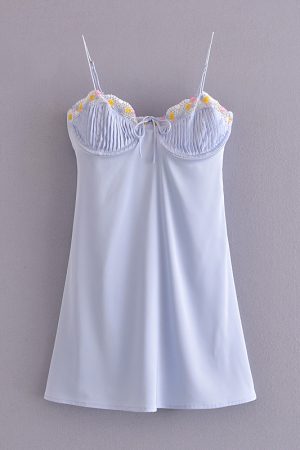 New Blue Floral Embroidered Pleated Satin Back Suspender Dress Skirt