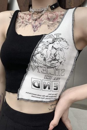 Street Style Womens Tank Top With Patchwork Print