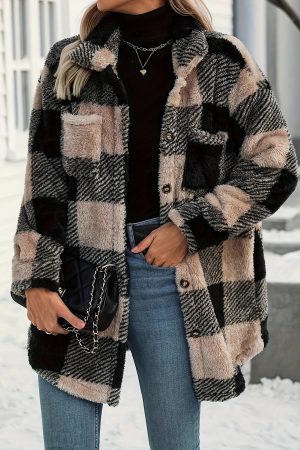 Womens Autumn Winter Long-Sleeve Plaid Fleece Coat With Dual Pockets In Plus Sizes