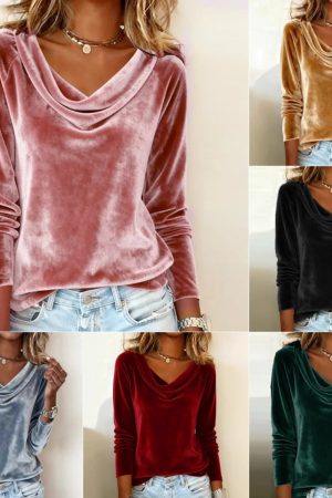 Elegant Velvet Long Sleeve Shirts For Women Fall Spring Solid Color Loose Women Blouses Fashion Pullover Tops Party Clothes