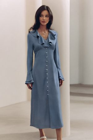 French Blue Satin Dress High-end Ruffled Mid-length Fitted Waist Flare-sleeve A- Line Skirt