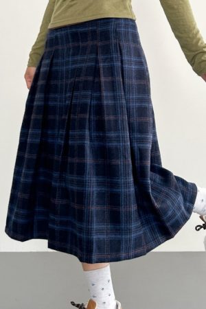 Deep Blue Plaid Preppy-Style Womens A-Line Midi Skirt