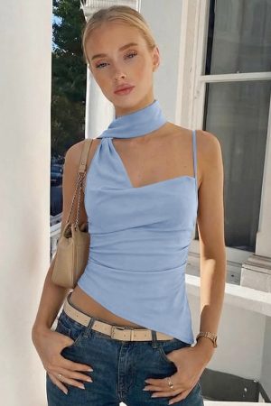 Womens Allure-Style Halterneck Flowy Strap Solid-Color One-Shoulder Camisole Top