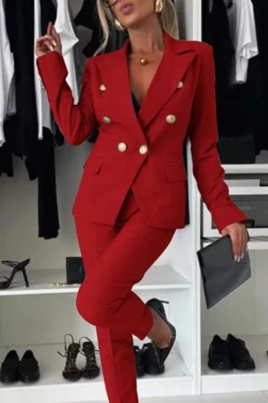 Casual Blazer Suit Slim Lapel Double-breasted Jacket And Zip-up Trousers Women's Clothing
