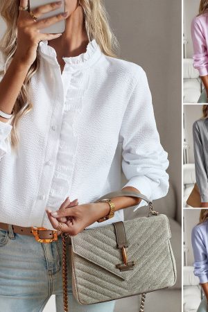 Striped Long Sleeve Shirt Fashion Ruffle Design Button Up Tops Casual Office Blouse Elegant Commuting Women's Clothing