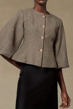 Best-selling Vintage Beige Belted Blazer With Balloon Sleeves