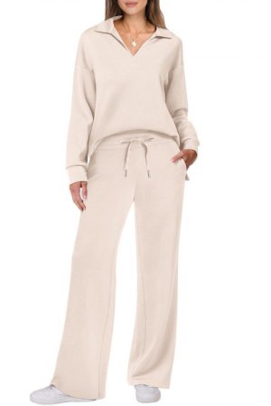 Women's Tracksuit Sports Suit V-neck Long-sleeved Pullover Top And Drawstring Straight-leg Trousers Casual Solid Trousers Set