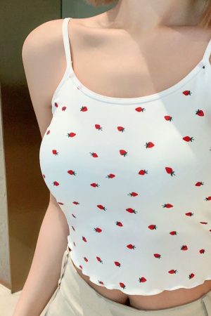 Ruffle-edged Outerwear Top With Built-in Chest Pads And A Strawberry Print