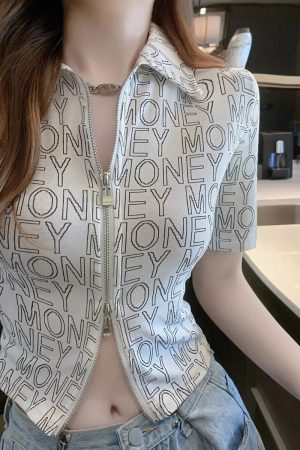 New Letter Lapel Short-sleeved T-shirt Slim-fit Short Double Zipper Crop Top Stylish Cardigan