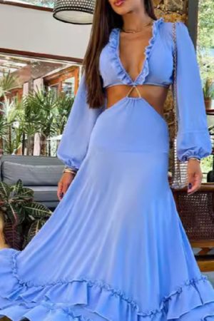 Pure Blue Deep V-neck Midriff Outfit Women's Long Sleeve Long Dress