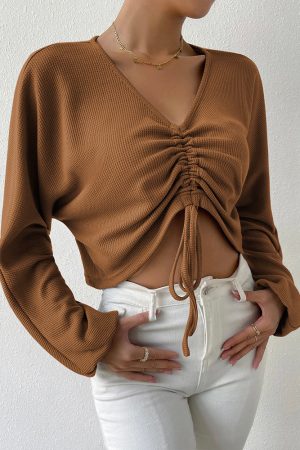 Casual V-neck Drawstring Waffle Long-sleeve T-shirt Crop Top