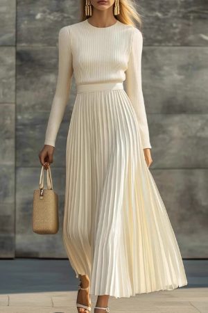 Elegant Casual And Comfortable Long-sleeve Satin Knit Pleated Maxi Dress