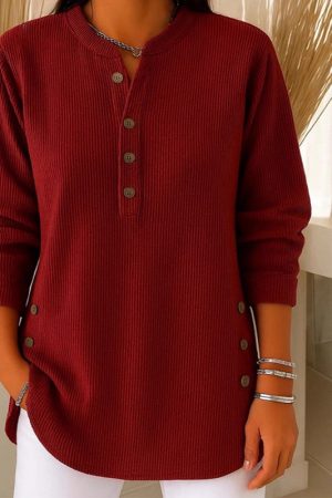 V-neck Buttons Sweater Fashion Casual Solid Color Long-sleeved Tops Women's Blouse T-shirt Clothing