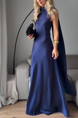 Royal Blue Satin Sleeveless Maxi Dress