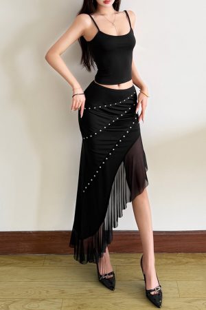 New Womens Outfit Figure-flattering Spaghetti-strap Tank Top Paired With A Mesh-panel Studded Skirt
