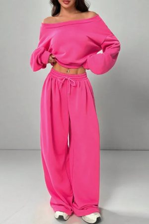 Slim-fit Off-shoulder Crop Top With Casual Pants Set