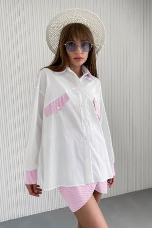 Blue And White Striped Stitching Shirt For Women Loose Outfit