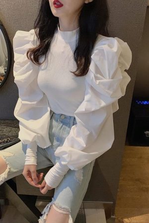 Womens Solid-Color French-Style Designer Casual Puff-Sleeve Shirt