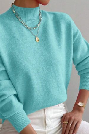 Women's Pullover Sweater Casual Solid Color Mid-high Neck Long-sleeved Knitted Tops Clothing