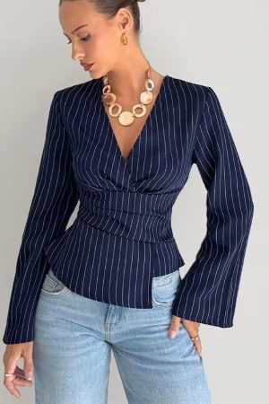 Fashionable Striped V-neck Long-sleeve Shirt