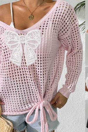 Pullover Strap Butterfly Stitching Idle Style Loose Long Sleeve Top