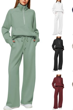 Woman Solid Color Half Zip Long Sleeve Sweatshirt And Wide Leg Pants Set Casual Sporty Two Piece Outfit Women's Suit