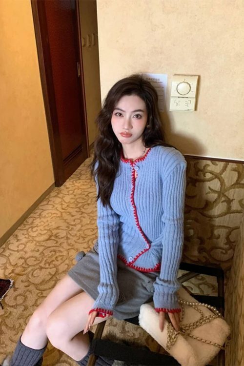 Asymmetric Contrast Trim Knit Cardigan