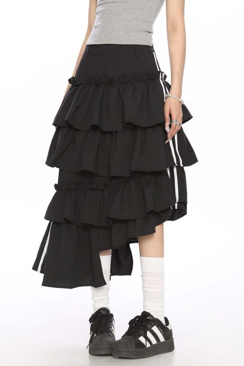 Asymmetry Side Line Tiered Long Skirt