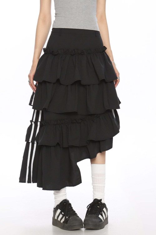 Asymmetry Side Line Tiered Long Skirt