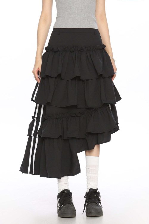 Asymmetry Side Line Tiered Long Skirt