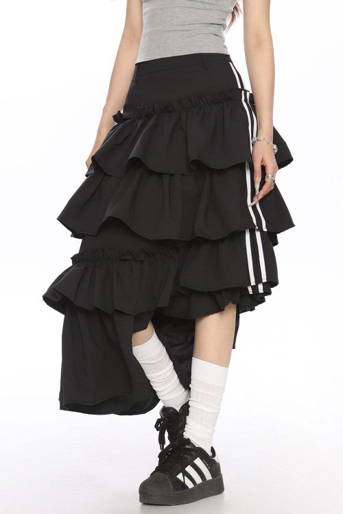 Asymmetry Side Line Tiered Long Skirt