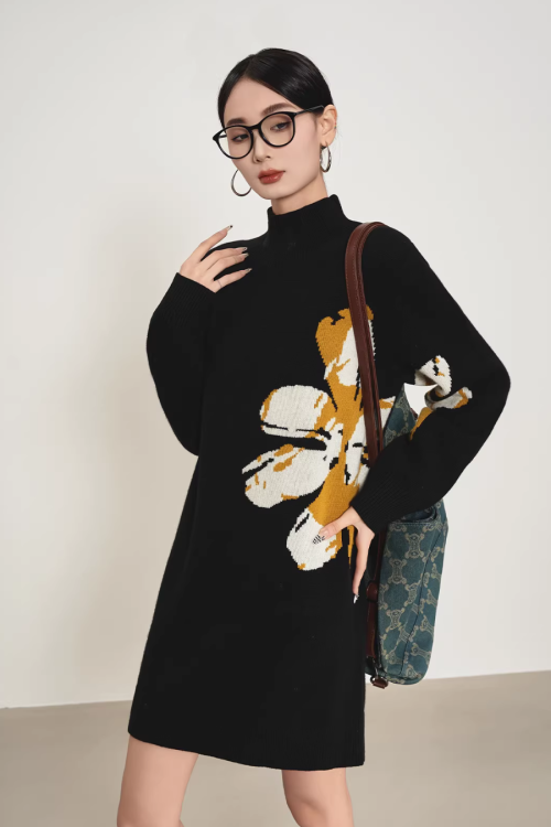 Big Flower Print Mock Neck Dress