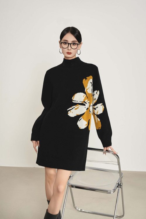 Big Flower Print Mock Neck Dress