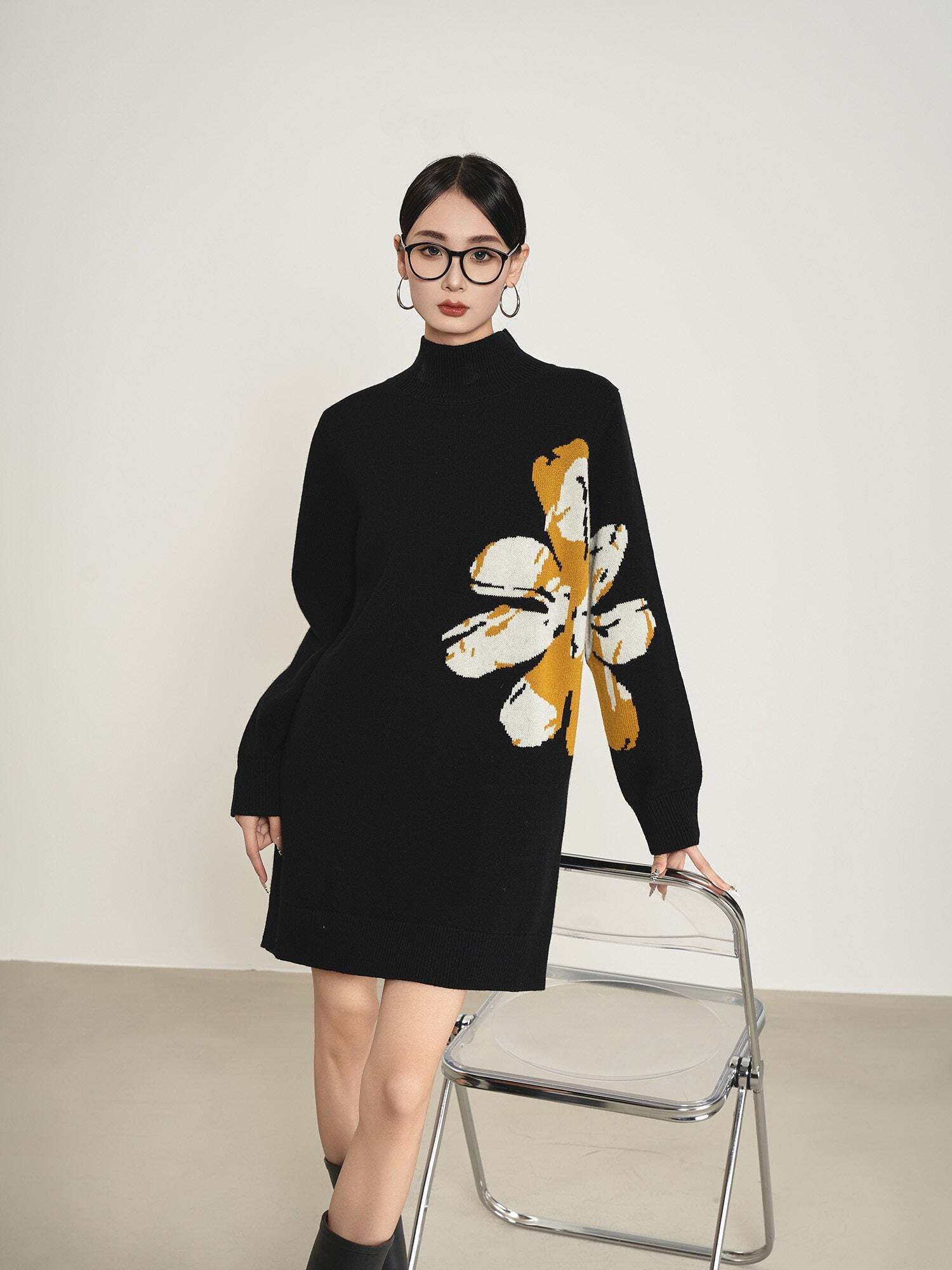 Big Flower Print Mock Neck Dress