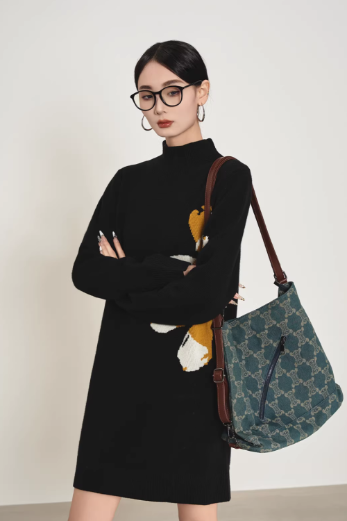 Big Flower Print Mock Neck Dress