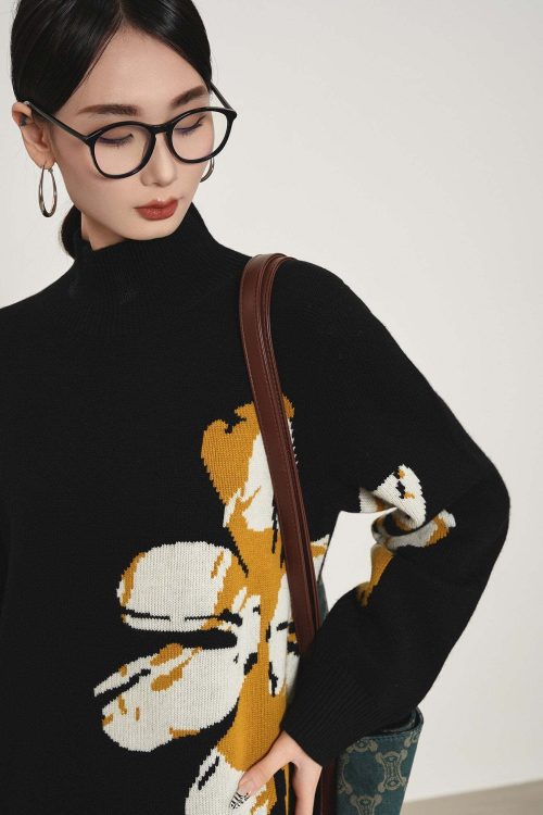 Big Flower Print Mock Neck Dress