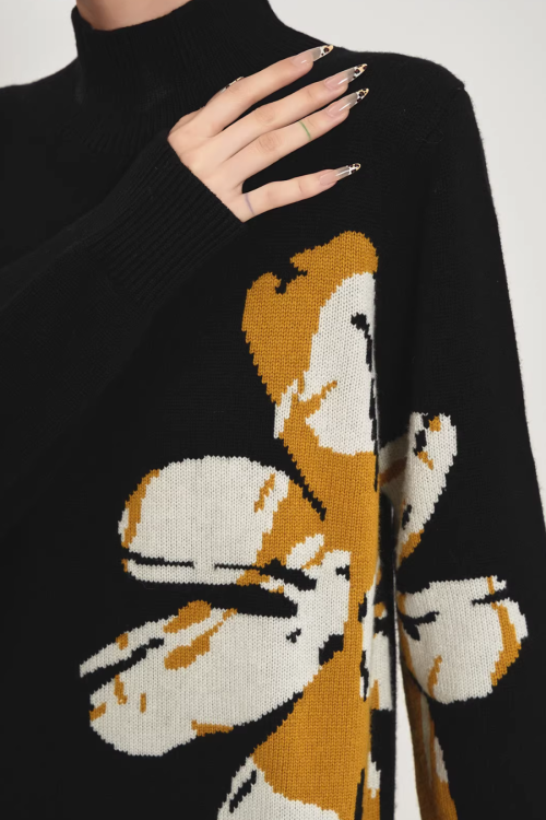 Big Flower Print Mock Neck Dress