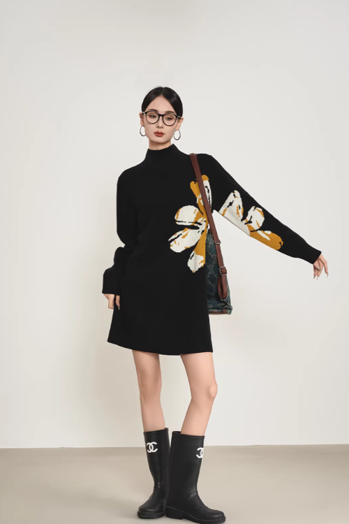 Big Flower Print Mock Neck Dress