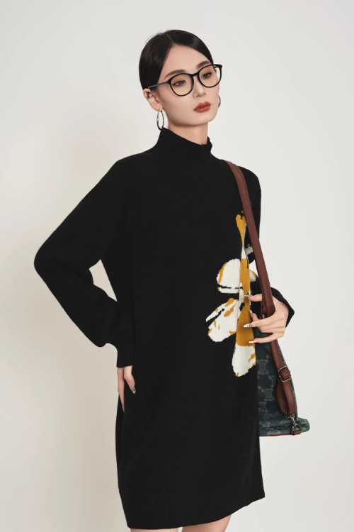 Big Flower Print Mock Neck Dress