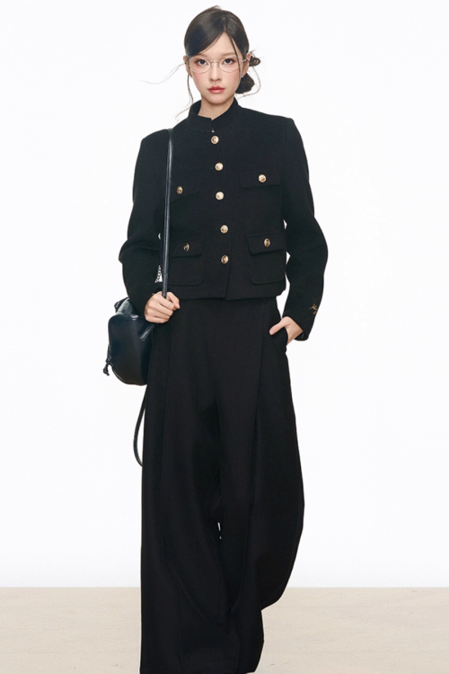 Black Gold Buckle Short Jacket / Black Casual Wide Pants