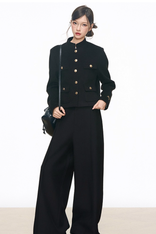Black Gold Buckle Short Jacket / Black Casual Wide Pants