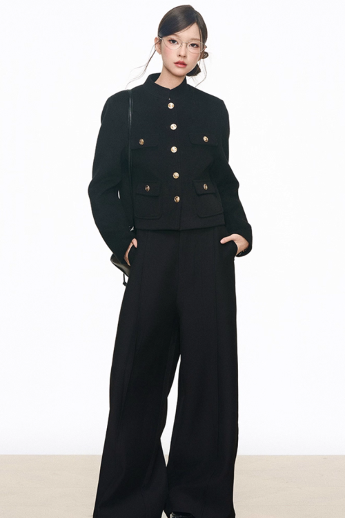 Black Gold Buckle Short Jacket / Black Casual Wide Pants