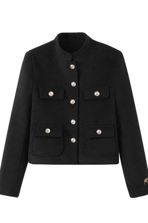 Black Gold Buckle Short Jacket / Black Casual Wide Pants